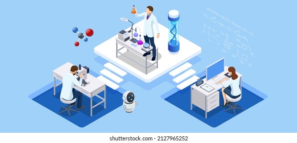 Isometric Chemical Laboratory concept. Molecular Biology Technics Laboratory. In a laboratory scientific or technological research, experiments, and measurement may be performed.