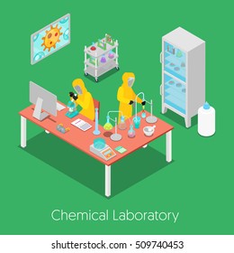 Isometric Chemical Research Laboratory with Staff, Microscope and Refrigerator. Flat 3d Vector illustration