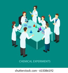 Isometric Chemical Research Template With Scientists Standing Around Table And Doing Scientific Experiment Vector Illustration