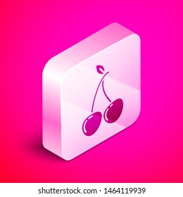 Isometric Cherry icon isolated on pink background. Fruit with leaf symbol. Silver square button. Vector Illustration
