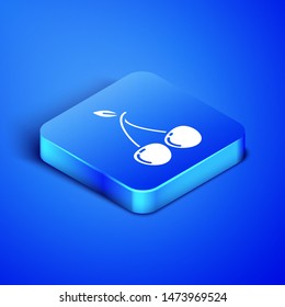 Isometric Cherry icon isolated on blue background. Fruit with leaf symbol. Blue square button. Vector Illustration
