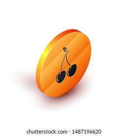 Isometric Cherry icon isolated on white background. Fruit with leaf symbol. Orange circle button. Vector Illustration
