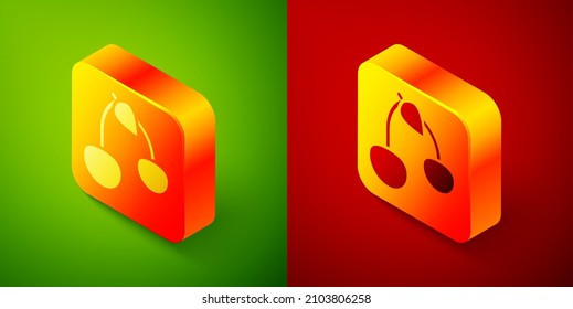 Isometric Cherry icono aislado en fondo verde y rojo. Fruta con símbolo de hoja. Botón cuadrado. Vector