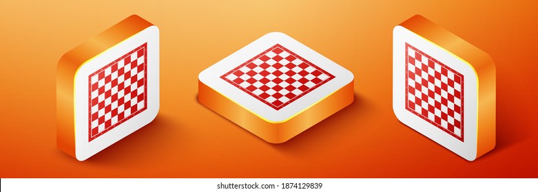 Isometric Chess board icon isolated on orange background. Ancient Intellectual board game. Orange square button. Vector.