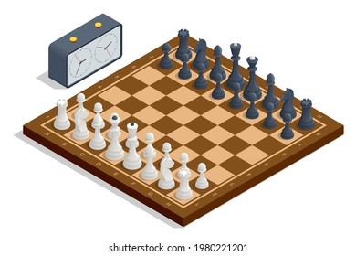 Isometric chess Board and pieces. Chess icons. Board game. A chess piece, or chessman, is any of the six different types of movable objects used on a chessboard to play the game of chess