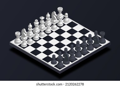 Isometric chess board. Realistic pictures, intellectual logic game. Stylish banner or poster for website. Wooden strategy sport. Wallpaper for smartphone and computer. Volumetric vector illustration