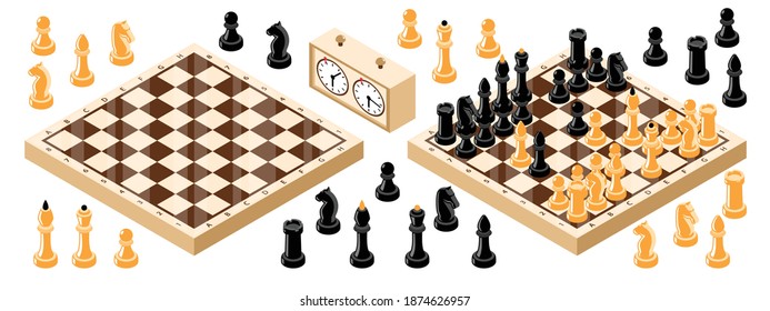 Isometric chess board set with isolated icons of chess figures stopwatch clock and two chequer boards vector illustration