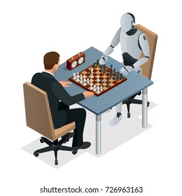 Isometric chess game with artificial intelligence concept. Artificial intelligence technology. Robot hand plays chess, arm makes a move with rook isolated vector illustration