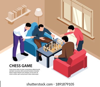 Isometric chess game background with editable text and indoor home interior with adult people playing game vector illustration