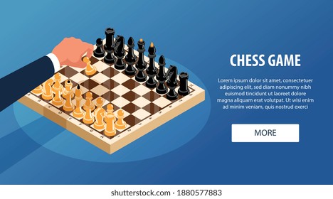 Isometric chess horizontal banner with view of classic chequer board text and hand moving white figure vector illustration