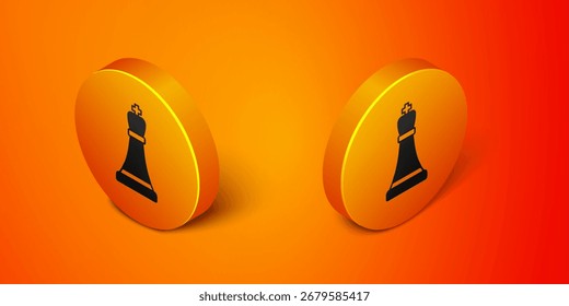 Icono de ajedrez isométrico aislado sobre fondo naranja. Estrategia empresarial. Juego, administración, finanzas. Botón de círculo anaranjado. Vector