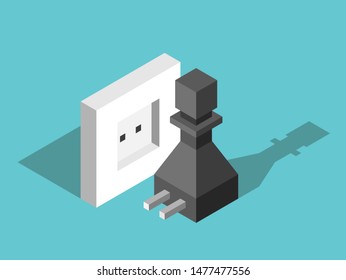 Isometric chess pawn with electric plug near wall outlet on turquoise blue. Energy source, inspiration and motivation concept. Flat design. EPS 8 vector illustration, no transparency, no gradients