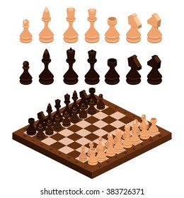 isometric chess pieces with board