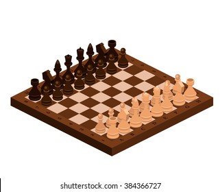 isometric chess pieces with board
