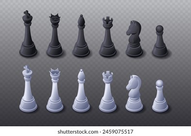 Isometric chess set. White and black pieces, rook, king, horse and knight, pawn at copy space. Intellectual game and leisure. Cartoon 3D vector collection isolated on transparent background