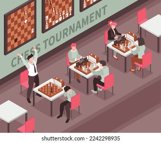 Isometric chess tournament with three couples of players winner and loser 3d vector illustration