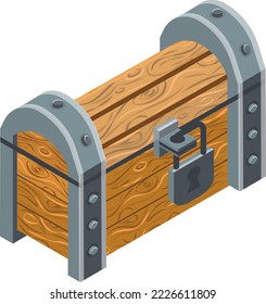 Isometric chest icon. Closed treasure chest for game. Wooden chest on white background. Locked dower chest. Vector game illustration
