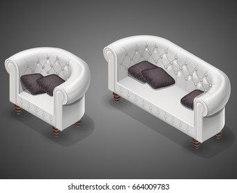 Isometric chester couch set of white leather rhombus english classic sofa and armchair with pillows,  lux glamour vintage carriage fastener . Vector high resolution illustration