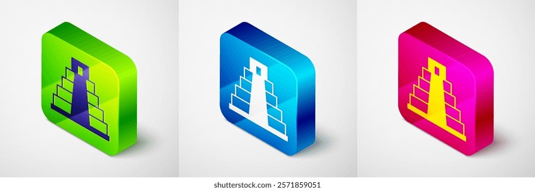 Isometric Chichen Itza in Mayan icon isolated on grey background. Ancient Mayan pyramid. Famous monument of Mexico. Square button. Vector