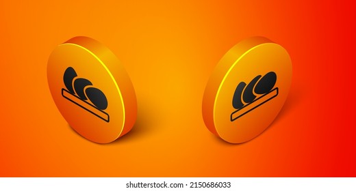 Icono isométrico del huevo de pollo aislado en el fondo naranja. Botón de círculo naranja. Vector