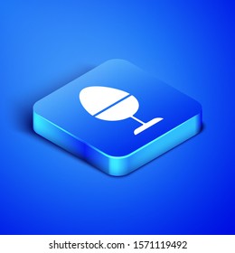 Isometric Chicken egg on a stand icon isolated on blue background. Blue square button. Vector Illustration