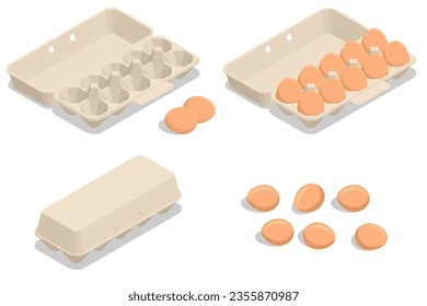 Isometric Chicken Egg Packaging. Eggs in a cardboard box isolated on a background. Chicken egg is a main component of the human diet serving as a dietary source of protein, fat, and other nutrients.