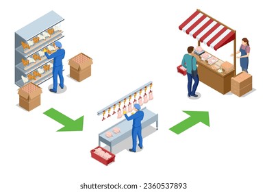Isometric Chicken Egg Packaging. Eggs in a cardboard box isolated on a background. Portioned chicken meat on plastic trays. Vacuum packaging for storage, transportation of chicken