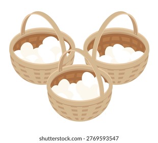 Isometric chicken eggs separated by quantity into different baskets. Concept of forethought and caution. 3D cartoon vector isolated on white background. NO AI GEN
