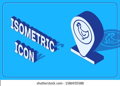 Isometric Chicken farm and location icon isolated on blue background.  Vector Illustration