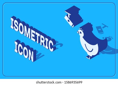 Isometric Chicken farm and wireless Controlling CCTV security camera icon isolated on blue background.  Vector Illustration