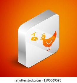 Isometric Chicken farm and wireless Controlling CCTV security camera icon isolated on orange background. Silver square button. Vector Illustration