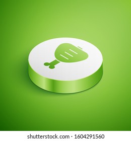 Isometric Chicken leg icon isolated on green background. Chicken drumstick. White circle button. Vector Illustration