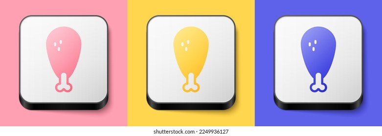 Isometric Chicken leg icon isolated on pink, yellow and blue background. Chicken drumstick. Square button. Vector
