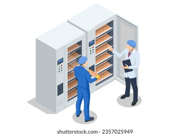 Isometric Chicken Roost in Poultry Farm, Raising Chickens on a Poultry Farm. Farmers Controlling in Incubator.