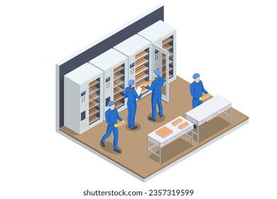 Isometric Chicken Roost in Poultry Farm, Raising Chickens on a Poultry Farm. Farmers Controlling in Incubator.