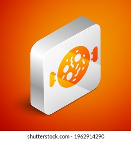 Isometric Chicken tikka masala icon isolated on orange background. Indian traditional food. Silver square button. Vector