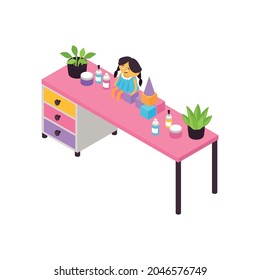 Isometric child hair salon interior icon with cosmetics and toys on pink table 3d vector illustration