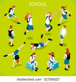 Isometric Child Student group play Infographic Element icon. 3D Flat Isometric person happy joy jump Student. School backpack concept. Education Infographic Child Kid Group design Vector Image People