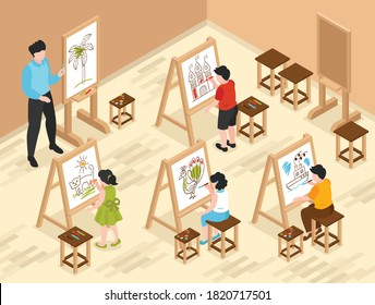 Isometric children art school composition with indoor classroom scenery and characters of teacher and young pupils vector illustration