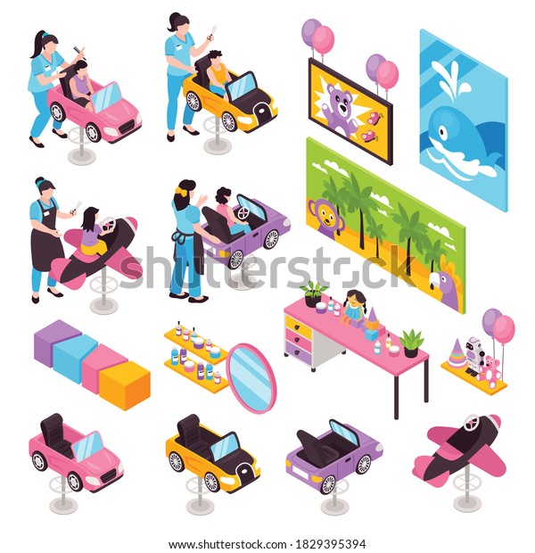 Isometric children barber hairdressing salon
set of isolated interior elements images with childish seats and
toys vector
illustration