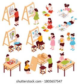 Isometric children kids creative art school set of isolated icons and images of drawings on easels vector illustration