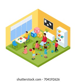 Isometric children in kindergarten concept with nanny and group of playing cheerful kids vector illustration