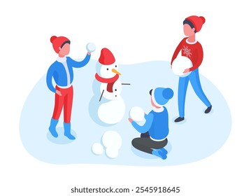 Isometric children making snowman. Characters playing with snow, winter outdoor recreation, kids winter holidays leisure activity flat vector illustration. Kids building snowman