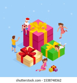 Isometric Children near big presents for Christmas. Merry Christmas happy family.