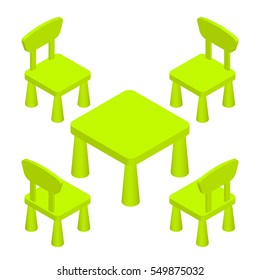 Los niños isométricos juegan con el mobiliario interior - mesa y sillas. Ilustración vectorial 10 aislado en fondo blanco.