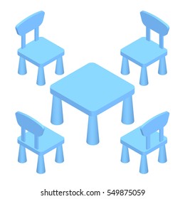 Isometric Children play room Interior furniture - table and chairs. Vector illustration eps 10 isolated on white background.