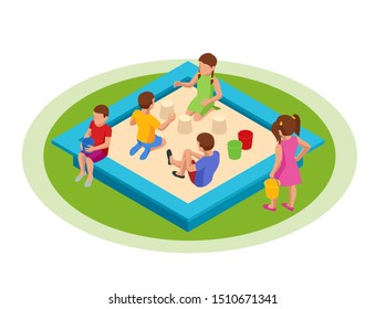 Isometric children play in the sandbox. Toddlers babies children sitting in sandbox playing with plastic colorful toys.