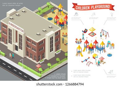 Isometric Children Playground Concept With Kindergarten Building Slides Swings Sandbox Playhouse Sandbox Kids And Parents Vector Illustration