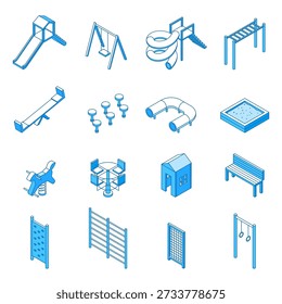Elementos isométricos de juegos infantiles. Equipo de parque para niños. Diferentes columpios, tobogán, sandbox, escaleras de entrenamiento y barras. Actividad al aire libre estacional herramientas de Vector ingeniosas