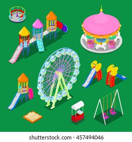 Isometric Children Playground Elements Sweengs, Carousel, Slide and Sandbox. Vector illustration